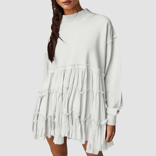EQWLJWE Robe Chandail Surdimensionnée pour Femmes 2023 Mode d'Automne Manches Longues Chandail à Enfiler Hauts Coupe Décontractée Ourlet Superposé Chandails Fluides Robe Mini Robes de Retour à la Maison 2023