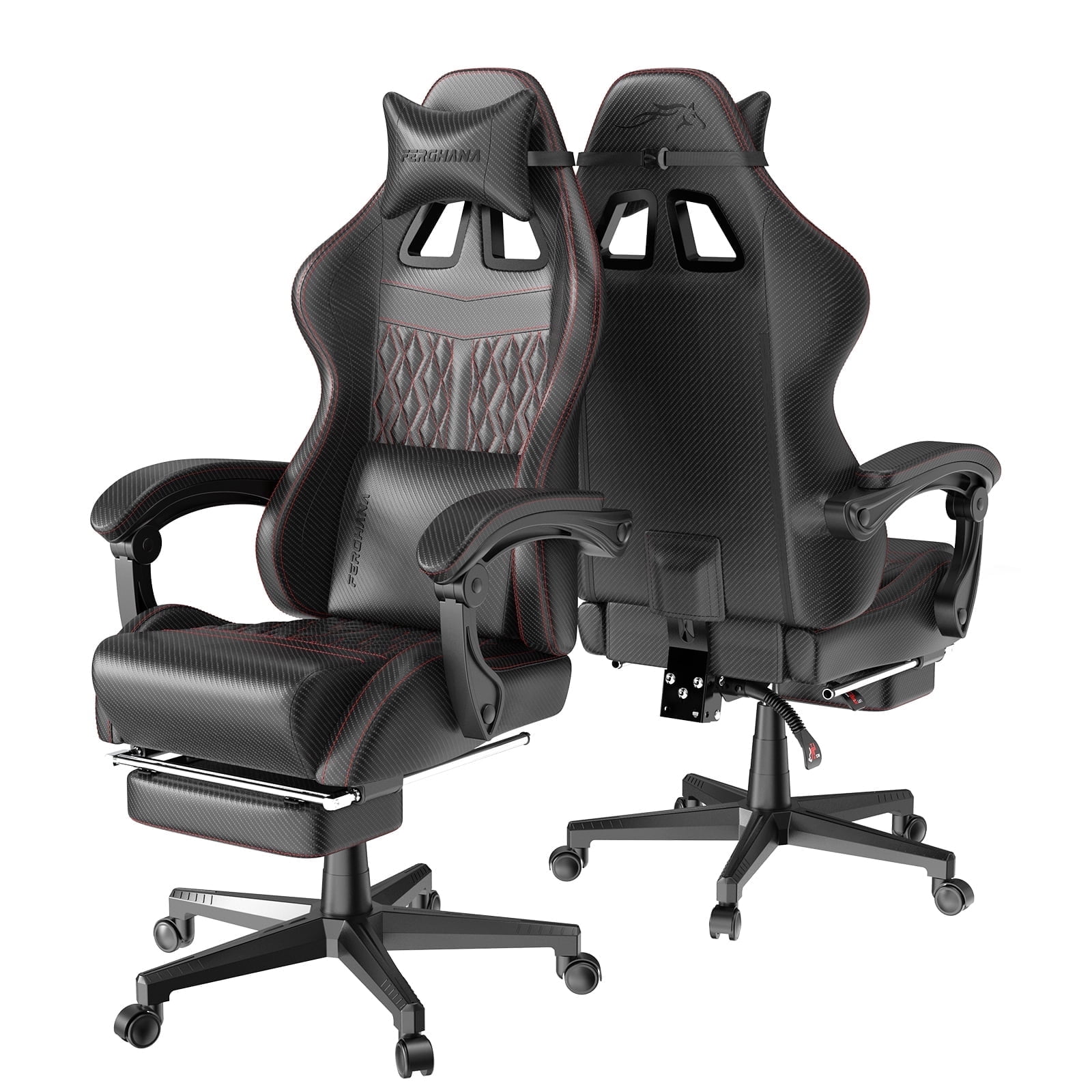 Huracan Gaming Chair with Footrest,Computer Office Chair with Massage Lumbar Support & Headrest, High Back Vintage Game Chair for Adults, Black