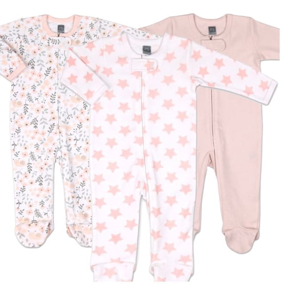 The Peanutshell Sleep n Play Footed Baby Pajamas Sleepwear Set, Newborn, Pink Floral, 3-Pack