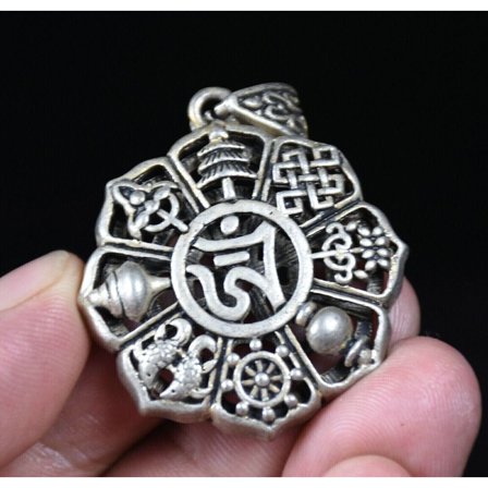 Chinese Miao Silver Feng Shui Buddhism Eight Treasures Pendant 4CM Rare
