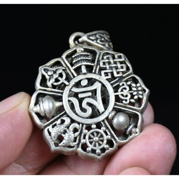 Chinese Miao Silver Feng Shui Buddhism Eight Treasures Pendant 4CM Rare
