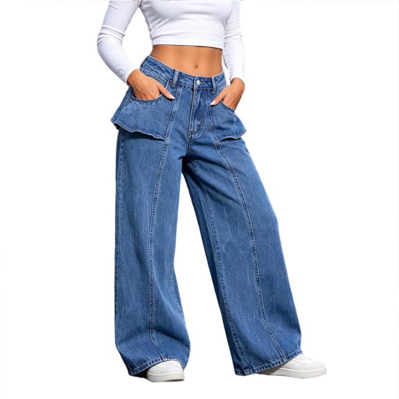 Women's High Waist Jeans Seam Detail Loose Wide Leg Denim Pants with Ruffled Pockets Vintage Washed Y2K Casual Streetwear Jean Trousers Blue