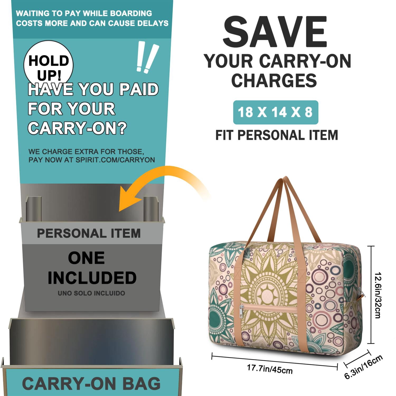 For Spirit Airlines Personal Item Bag 18x14x8 Inch, Boho Weekender Travel Bag, Foldable Travel Duffel Bag Underseat Carry on Bag with Luggage Sleeve for Women and Men 30L