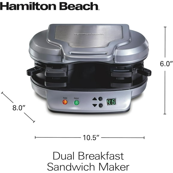 Dual Breakfast Sandwich Maker with Timer, Ready in 5 Minutes, Removable Dishwasher Safe PFAS-Free Non-Stick Egg Cooker Ring, Silver (25490MNA)