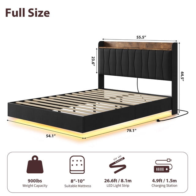 Kojooin Floating Bed Frame with Upholstered Storage Headboard, Charging Station and LED Lights, No Box Spring Needed
