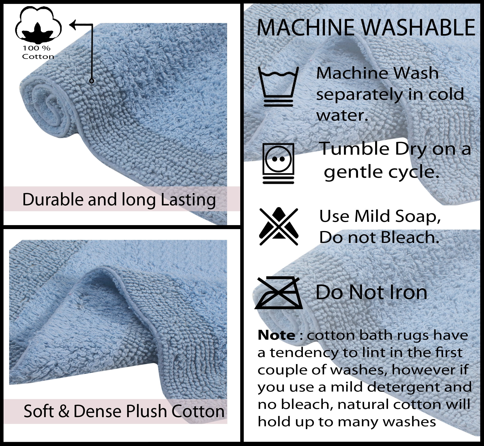 Home Weavers Luxury Bathroom Rug 100% Cotton Reversible Bathroom Rugs Set, Washable Rug, Soft Absorbent bath Rug, Bathroom Rug, Kitchen Mat, Non Slip Bath Decor Mat Set, 17"x24" Rectangle, Blue