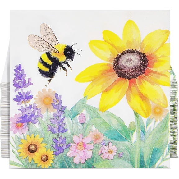 Gift Boutique Summer Bee Floral Cocktail Napkins, 100 Count, Cream Yellow Garden Party Disposable Paper Napkins for Showers, Picnics & Table Decor