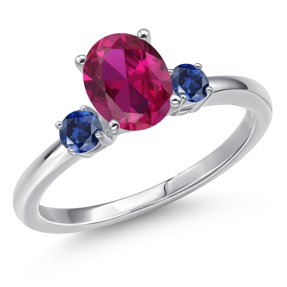 Gem Stone King 14K White Gold Red Created Ruby and Blue Created Sapphire Engagement Ring for Women | 1.63 Cttw | Oval 8X6MM | Gemstone July Birthstone | Size 5