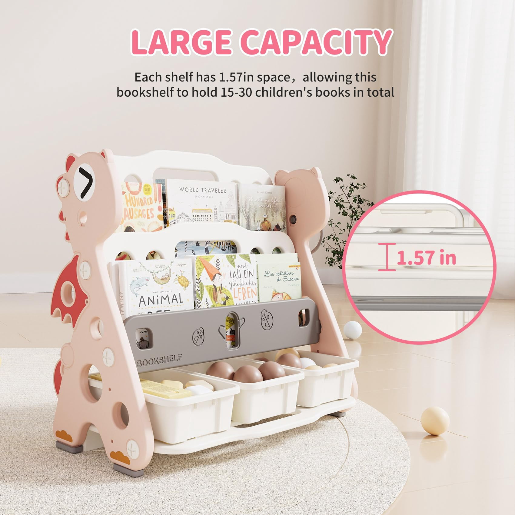 UNICOO® Kids Baby Dragon 2 Tier Bookshelf with 3 Toy Storage Bins, Children Bookshelf & Toy Organizer (Pink)