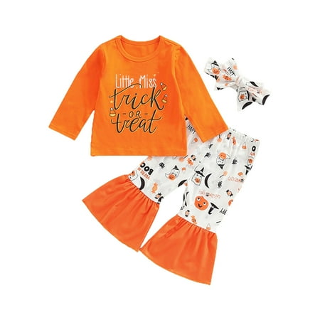 

Generic Toddler Girls Long Sleeved Alphabet Print Top Alphabet Print Top Pumpkin Print Pants Headband Set Fall Winter Clothes （12-18 Months Orange）
