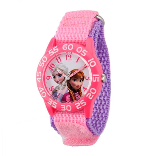 Frozen Anna & Elsa Girls' Plastic Case Watch, Pink Nylon Strap