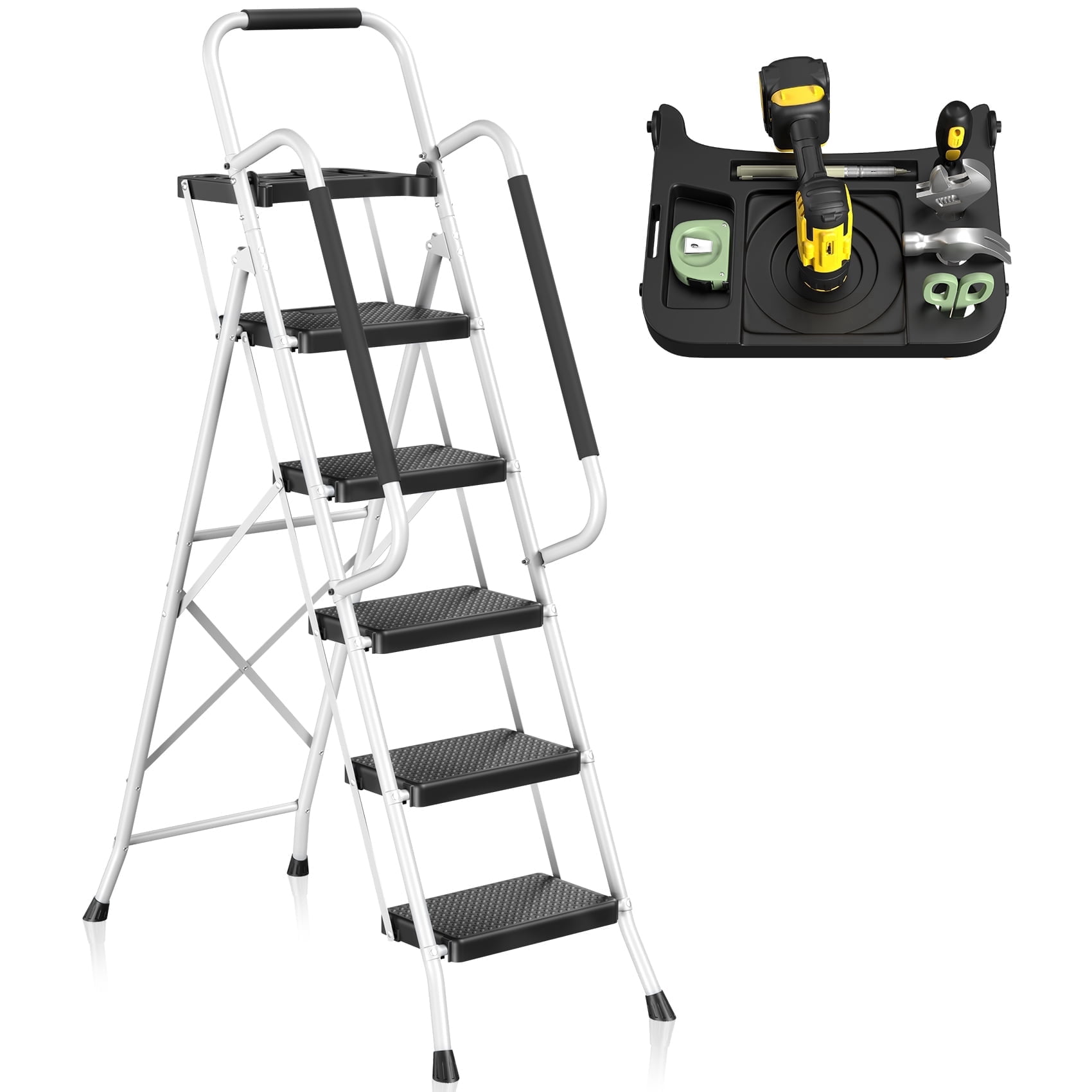 やす　RP5合皮ロング　脚5.5cm伸ばし　その1 JOZ Folding 5-Step Ladder, 350lbs Capacity, Compact Design, Tool