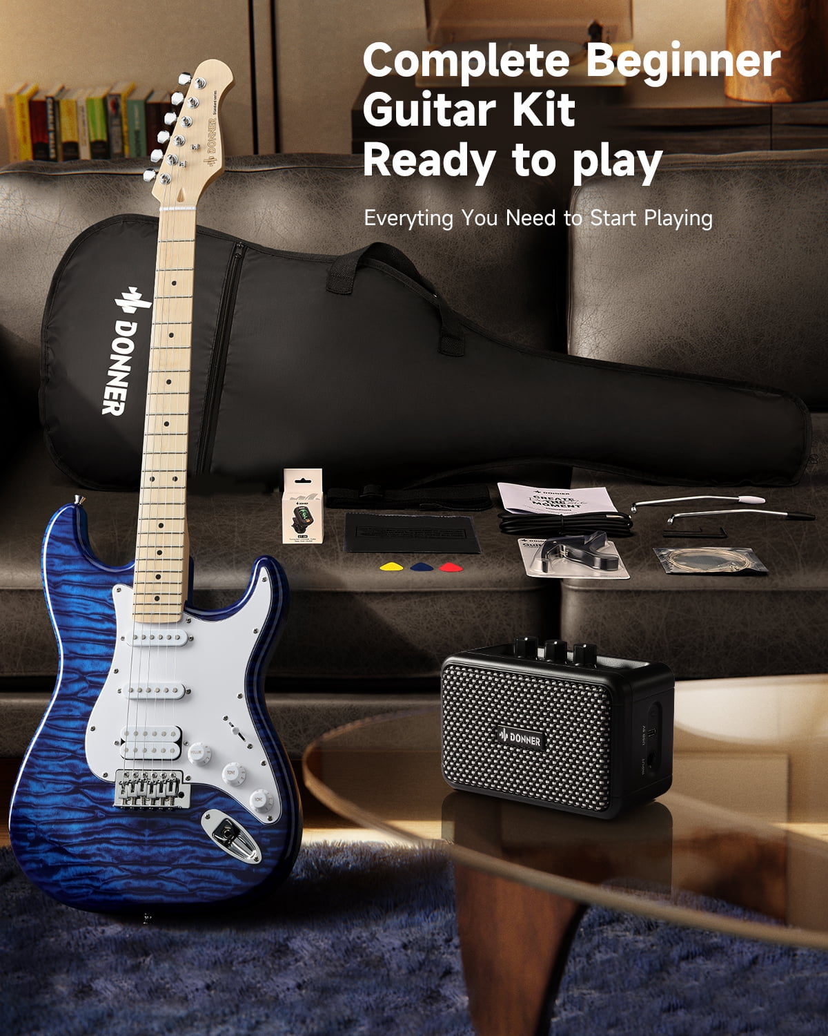 Donner DST-95 Electric Guitar Kit, 39" Beginner Solid Body Starter Set, with Amplifier, Bag, Capo, Strap, String, Tuner, Cable, Picks, Blue