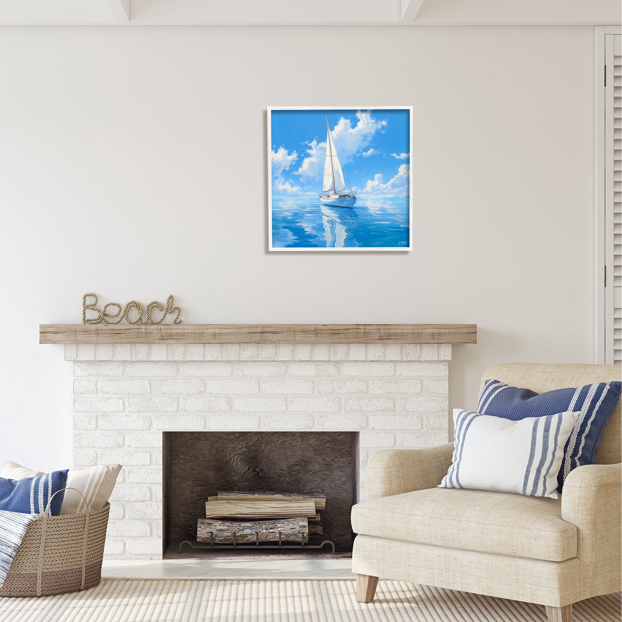Stupell Industries Vivid Blue Sailboat Reflection Transportation Painting White Framed Art Print Wall Art, 24 x 24