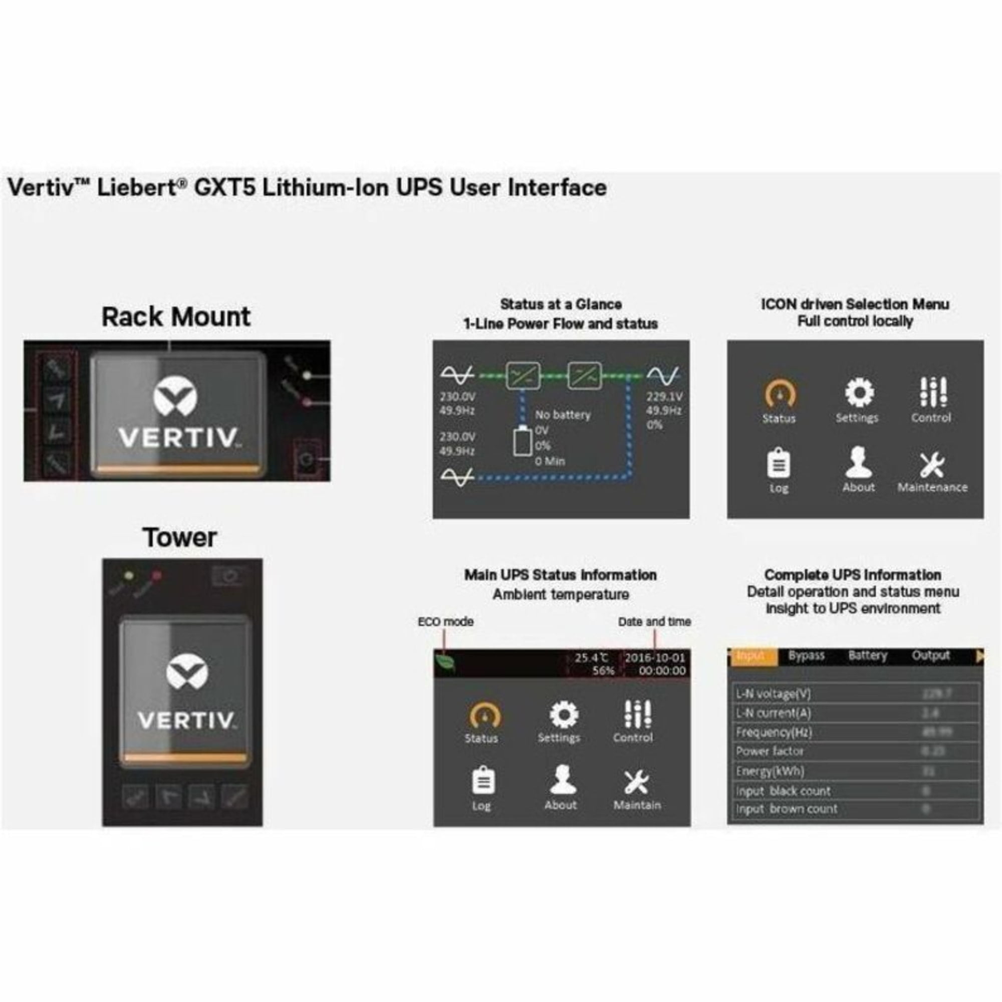 Vertiv Liebert GXT5LI-3000LVRT2UXL GXT5 Lithium-Ion Online UPS 3000VA/2700W 120V Tower/Rack UPS -Single-phase UPS |0.9 Output Power Factor | Lowest TCO | Optional RDU101 Card| full-color LCD Interface
