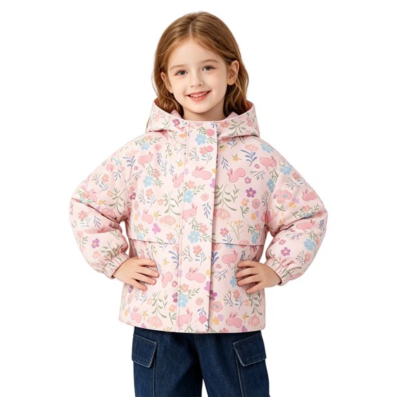 CPNG Toddler Baby Girls Hooded Jacket Full Zip Waterproof Windproof Windbreaker Coat with Cute Print Kids Lightweight Outdoor Jacket