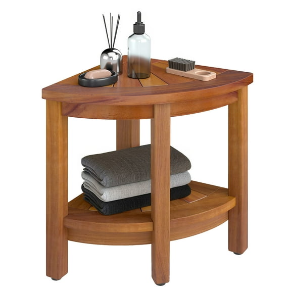 Uforic Corner Shower Bench,Bamboo Shower Stool with Storage Shelf,Natural