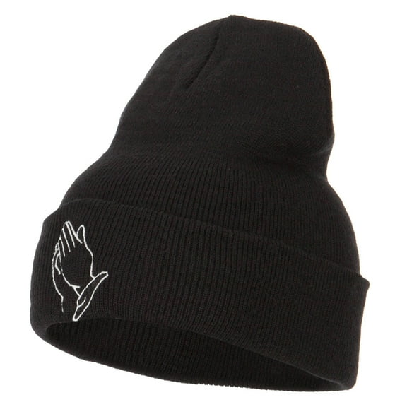 Praying Hands Embroidered Long Beanie - Black OSFM