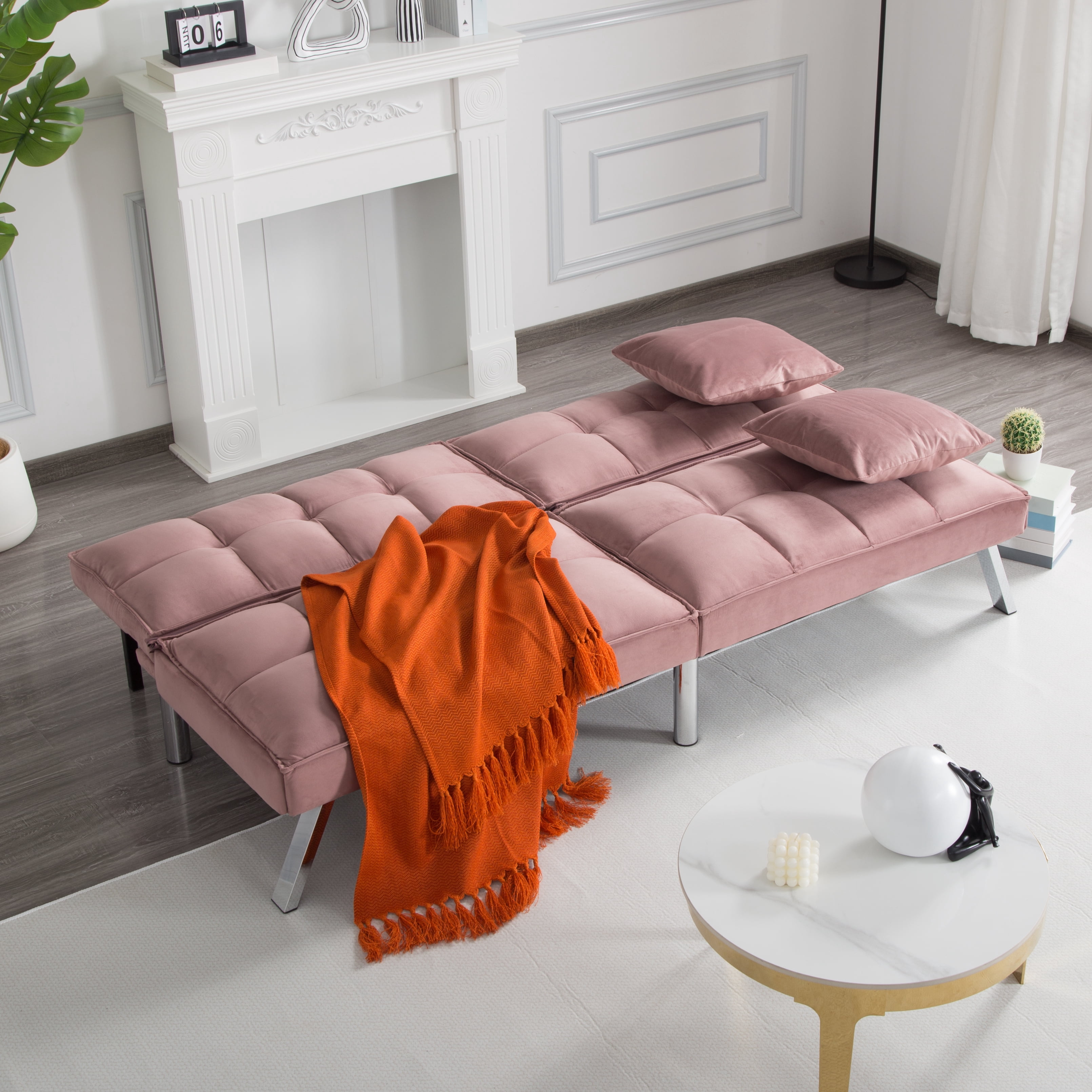 Gewnee 67.7" Futon Sofa Bed, Velvet Convertible Sleeper with Split-Back, Metal Legs for Living Room, Pink