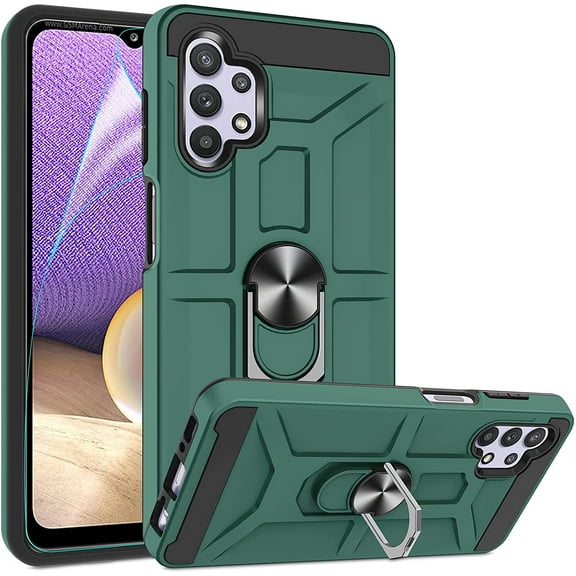 Galaxy A32 5G Case with HD Screen Protector,  360° Rotation Ring Holder Kickstand [Work with Magnetic Car Mount] PC  TPU Phone Case for Samsung Galaxy A32 5G, Midnight Green