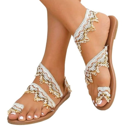 

ZIZOCWA Bohemian Women Shoes Fashion Flat Floral Slip On Bridal Sandals Clip Toe Summer Boho Beach Lace Tassel Wedding Party Sandals Khaki Size6.5