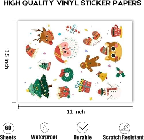 Quivanta 60 Sheets Premium Printable Vinyl Sticker Paper for Inkjet Printer, Glossy White Waterproof, Dries Quickly, Vivid Colors, 8.5x11 Inkjet Vinyl Sticker Paper Great for Cutting Machines