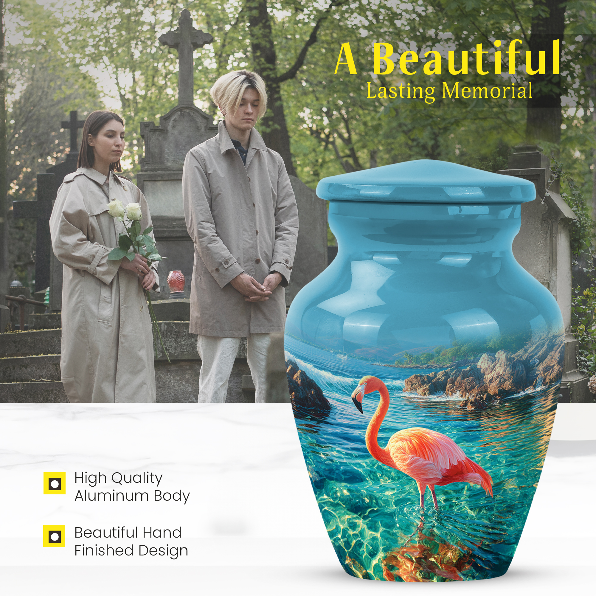 MUKTIVE Orange Flamingo Decorative Urn for Ashes Adult Mother & Father, Keepsake Memorial Urns for Women Ashes, Ocean Blue Urns for Funeral, Cremation Urn for Adult Male (3 Inch)