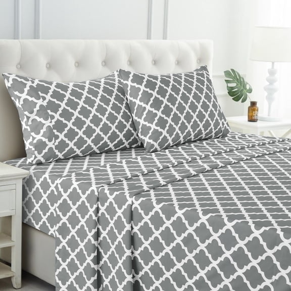 Lux Decor Queen Bed Sheets Set 4 Piece - Quatrefoil Pattern, Ultra Soft Sheet Deep Pocket Fit, Wrinkle Free, Breathable & Fade Resistant OEKO-TEX Certified, Grey