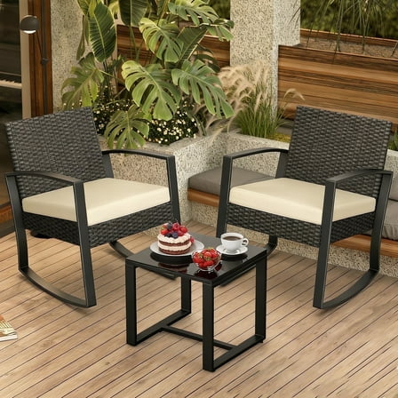 Patio Furniture Set, 3-Piece All-Weather Rocking Wicker Chair Set with Glass Table for Backyard, Beige