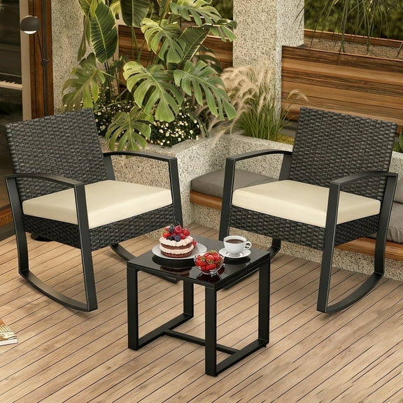 Patio Furniture Set, 3-Piece All-Weather Rocking Wicker Chair Set with Glass Table for Backyard, Beige
