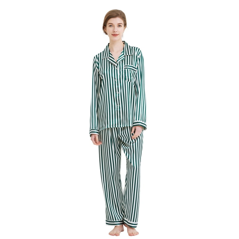 Women's Silk Satin Pajama Set Long Sleeve-Green and White Striped – Tony &  Candice