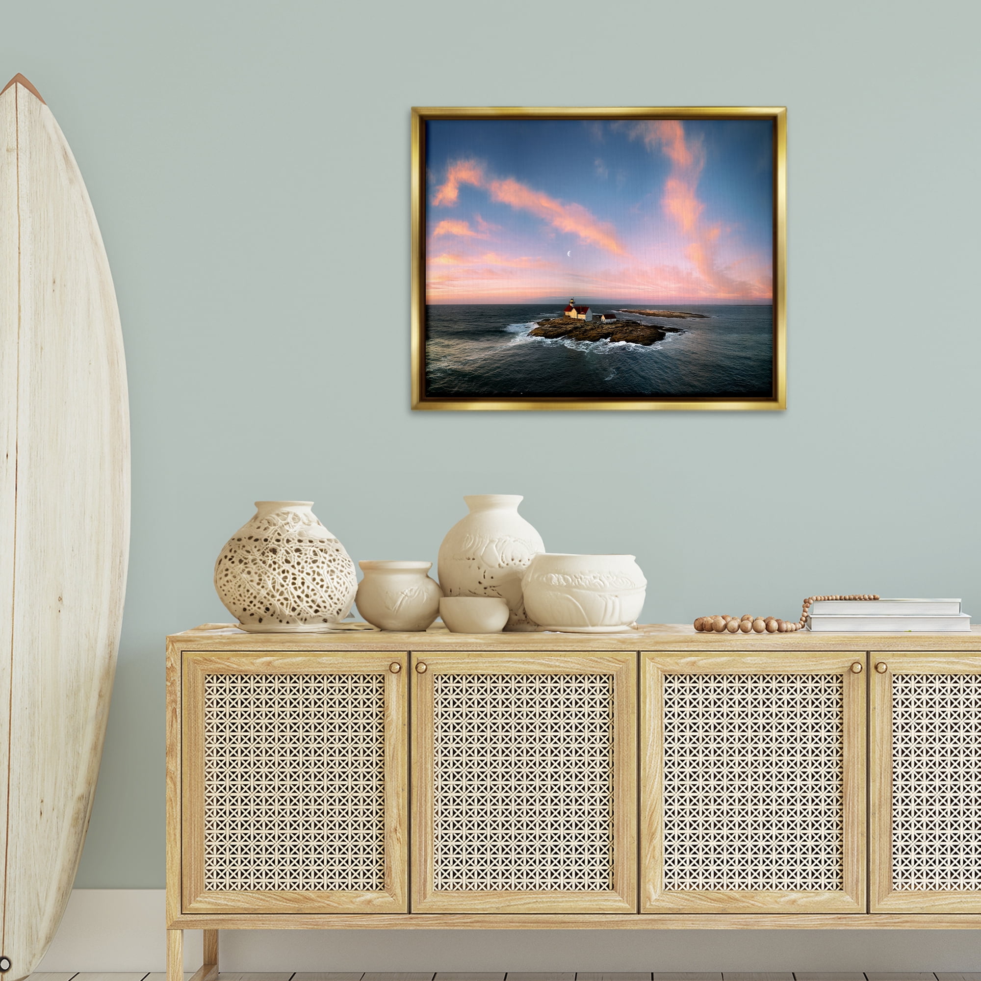 Stupell Industries Coastal Island Moon Overhead Landscape & Nature Photography Gold Floater Framed Canvas Art Print Wall Art, 31 x 25