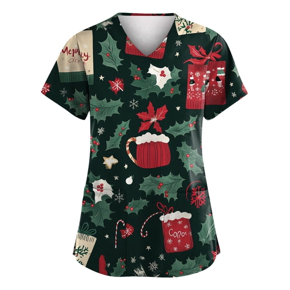 Women's Christmas Snowflake Print V-Neck Scrub Top with Pockets Festive Holiday Medical Uniform Shirt