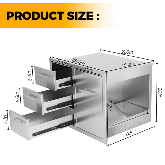 Cxforste Outdoor Kitchen Drawers Combo Stainless SteelFlush Mount Outdoor Kitchen Cabinets Triple Drawer andTrash Drawer Combo for Outdoor Kitchens & BBQ Islands28.6" Wx 22.6" Hx 21.5" D