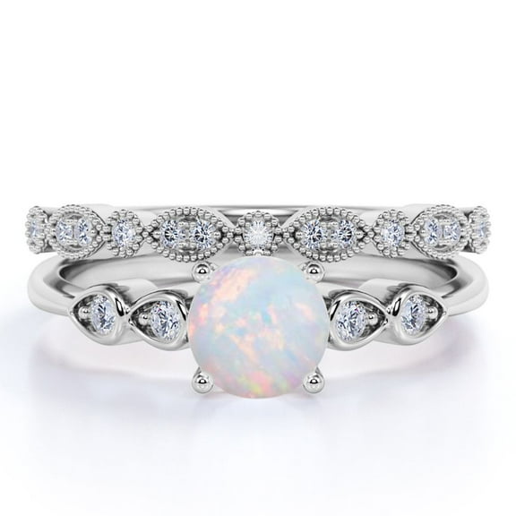 JeenMata 1.50 ct Round Blue Opal and Moissanite Vintage Bridal Ring Set in 18K White Gold over Silver