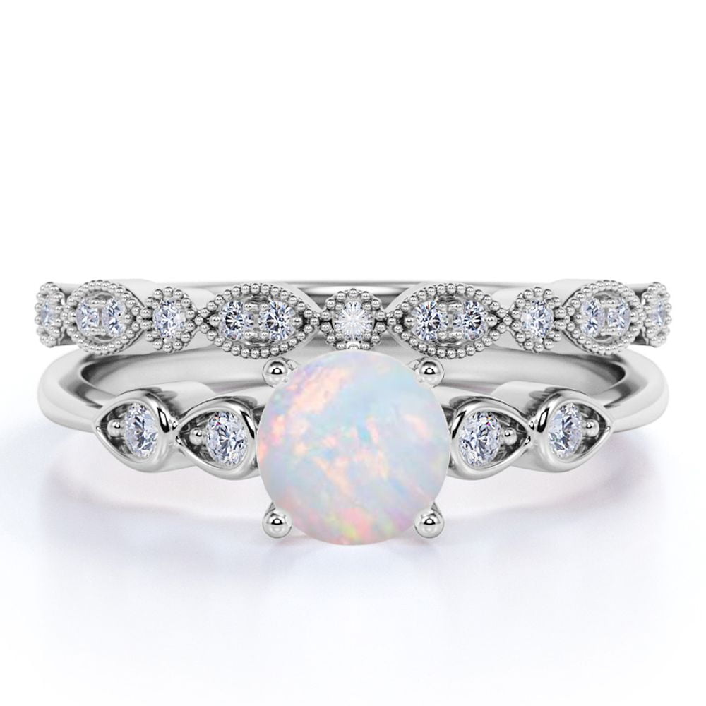 JeenMata 1.50 ct Round Blue Opal and Moissanite Vintage Bridal Ring Set in 18K White Gold over Silver