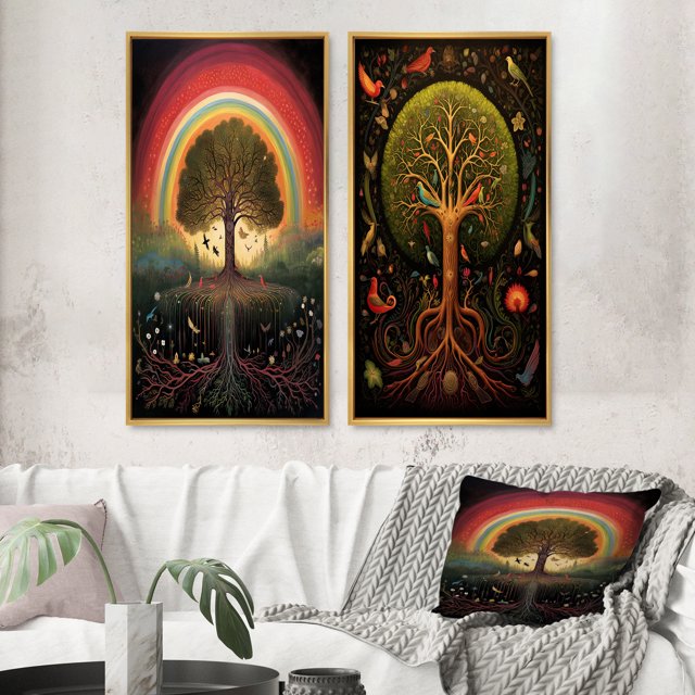 Designart "Rainbow Tree of Life Retro Illustration" Landscape Trees Framed Wall Art Set Of 2 - Traditional Green Framed Canvas Set For Living Room Decor