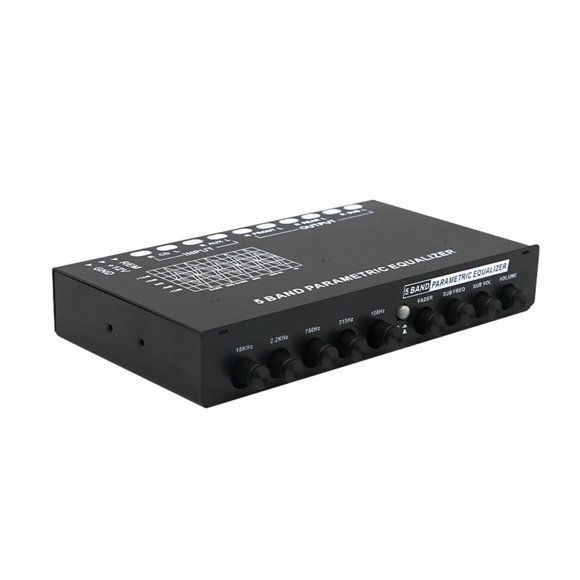 Car Audio Equalizer with 5-Band EQ Tuning (100Hz, 315Hz, 750Hz, 2.2KHz, 10KHz) - Parametric Sound Amplifier for Car Stereo, Black Plastic & Metal Construction, Compact Size 7.3x4.7x1.2in, 1.1lb