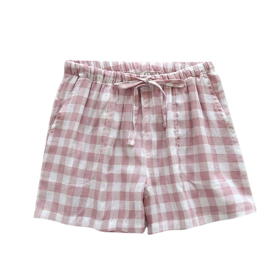 QSAWXQZ Women's Cotton Plaid Shorts with Pockets Drawstring Elastic Waist Loose Comfortable Sweet for Lounging and Beach M