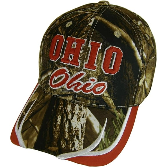 Ohio Block and Script Lettering Baseball Cap with Embroidered Bill (Hunting Camo/Red)