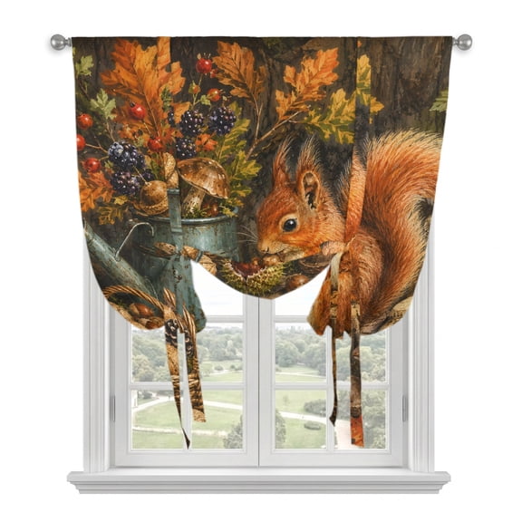 Thanksgiving Squirrel Tie Up Curtains for Windows, Adjustable Balloon Window Shades, Fall Harvest Botanical Vintage Kitchen Window Treatments Adjustable Roll Up Curtain for Basement/Nursery 52"x45"