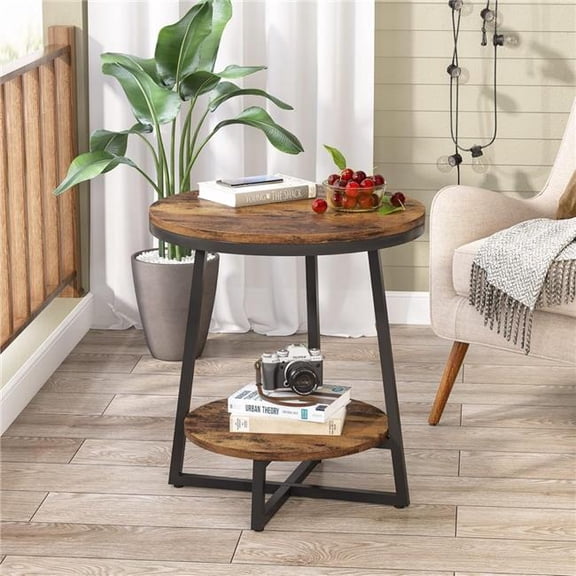 Emoottoo TB-HL0205 19.68 in. 2-Tier Round Industrial End Table with Storage Shelf - Rustic Brown