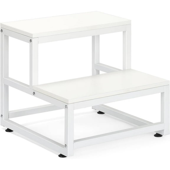 2 Step Stool for Adults Kids, Heavy Duty Sturdy Steel Frame with Wooden Steps, Bedside Foot Stool with 500lbs Load Capacity, Non-Slip Step Stool for High Bed, Kitchen, RV Step - White