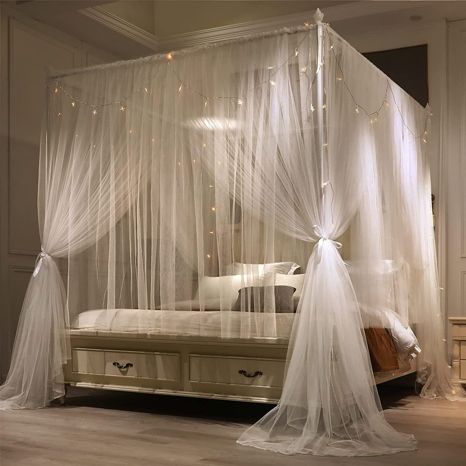 4 Corners Post Princess Bed Canopy Curtain Double Layer Cozy Drape Netting 4 Opening Mosquito Net for Girls & Adults Bedroom Decoration Accessories (Double White, 47" W*78" L*82"*H/Twin)