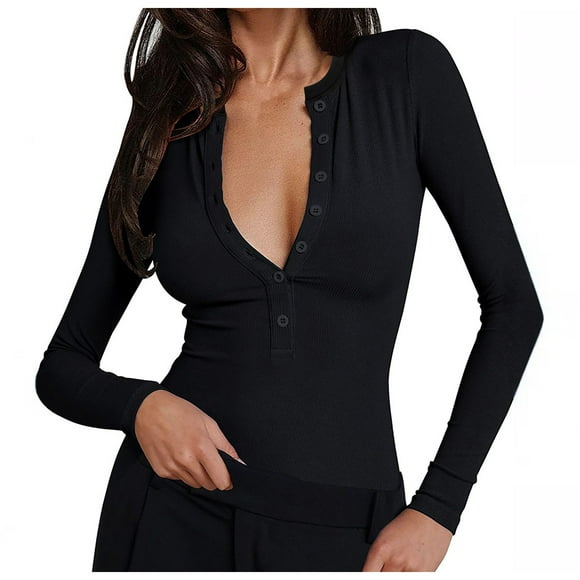 WEAIXIMIUNG Custom T Shirts Front and Back Women's Long Sleeve Shirt Slim Basic Business Casual Buckle Fashion Knit T Shirt Top