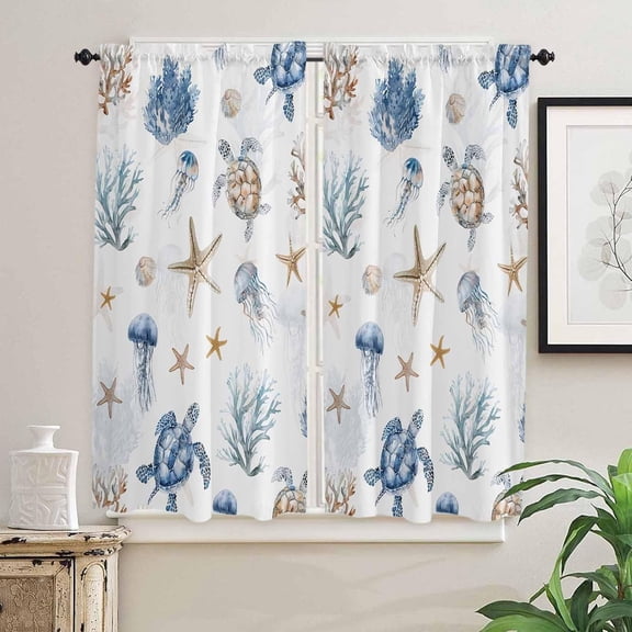 Coastal Ocean Window Curtains 63 Inch Length, Summer Beach Nautical Rod Pocket Kitchen Window Treatments Drapes for Bedroom, Cafe, Living Room, 2 Panels, 42 W x 63 L