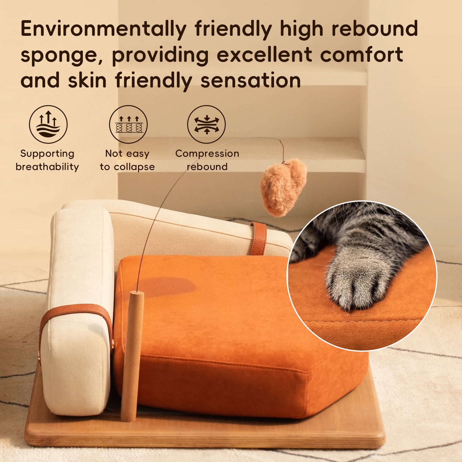 Wooden Pet Bed for Cats & Dogs, Oak Veneer, Multi-layer Wood Frame, Scratch-Resistant Fabric, High-Resilience Foam, Hanging Toy – Medium to Large Breeds
