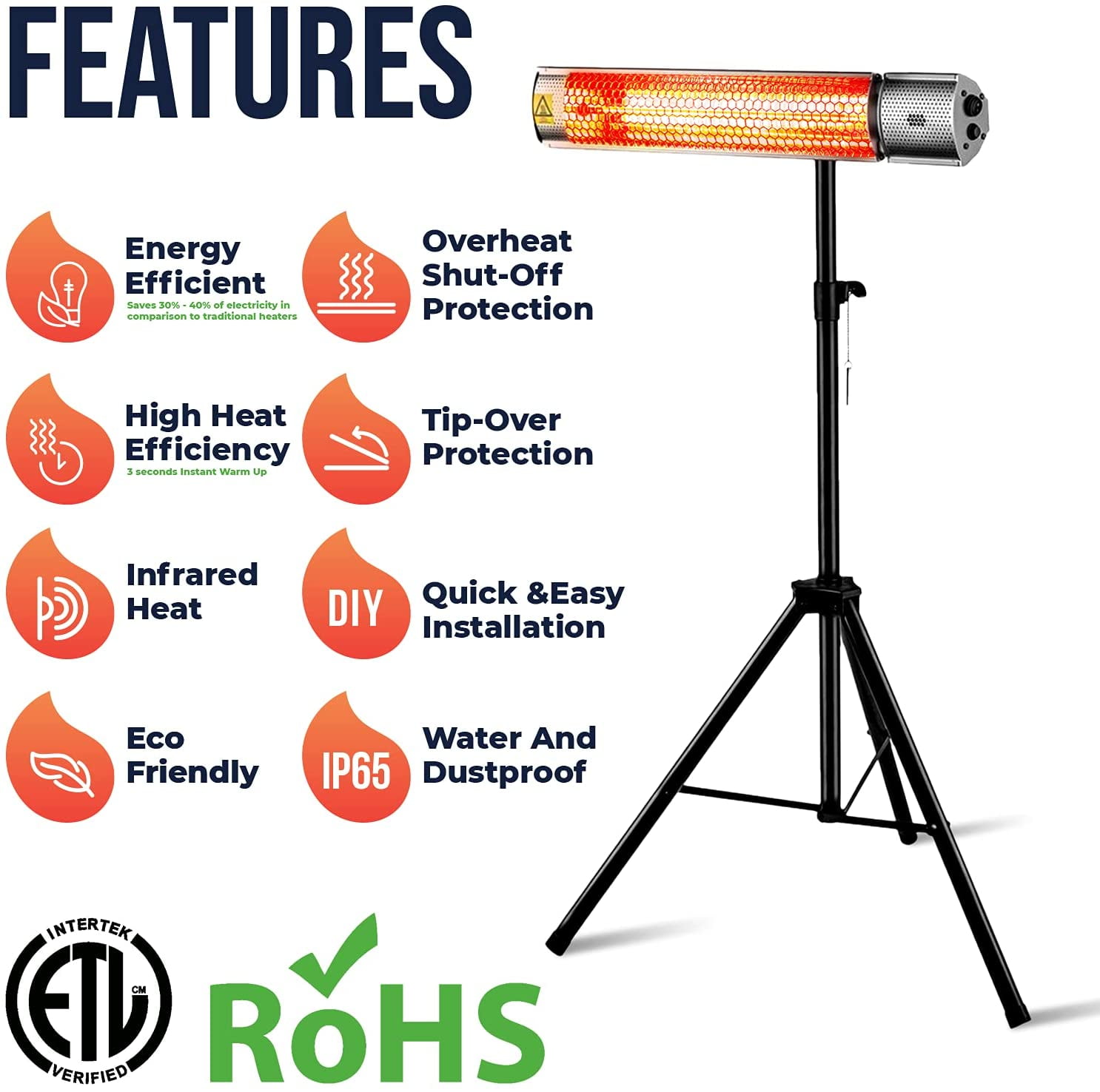 EconoHome Electric Outdoor Heater - Infrared heater Outdoor and Indoor usage  - IP65 Dustproof and Waterproof Wall-mounted/Tripod infrared Patio Heater  with Remote Control - 750-1500 Watts Halogen Lamp - Walmart.com