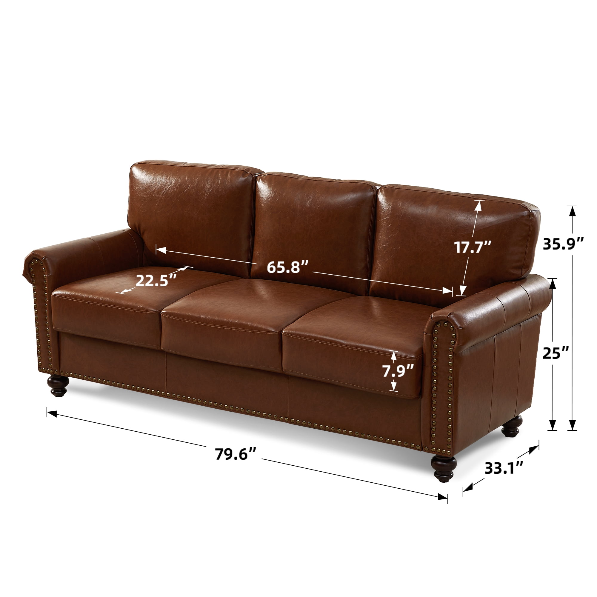 LeChapitre Traditional Faux Leather Sofa with Nailhead Accent, 3