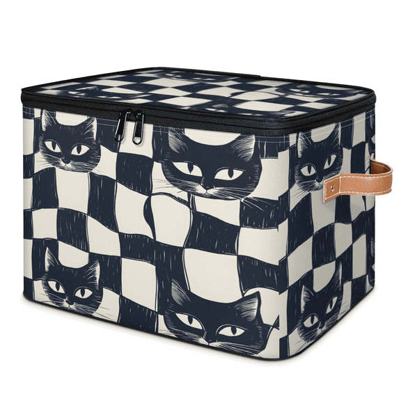 CURLYOOT Black Cats Storage Bins with Zipper Lid Fabric Storage Baskets Boxes Abstract Checkerboard Washable Foldable Clothes Organizer Container with Leather Handles for Shelves Closet